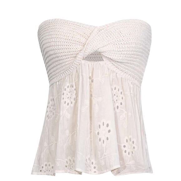 Micas Tops - Micas Women's XS Beige Knot Front Knit Embroidered Floral Tube Top